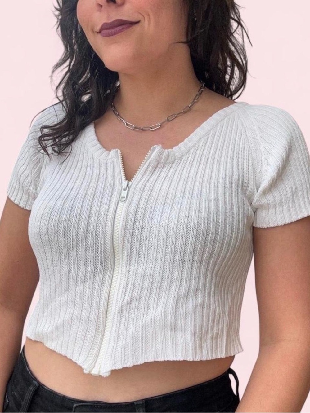 Women's White Ribbed Zip-Front Short Sleeve Top